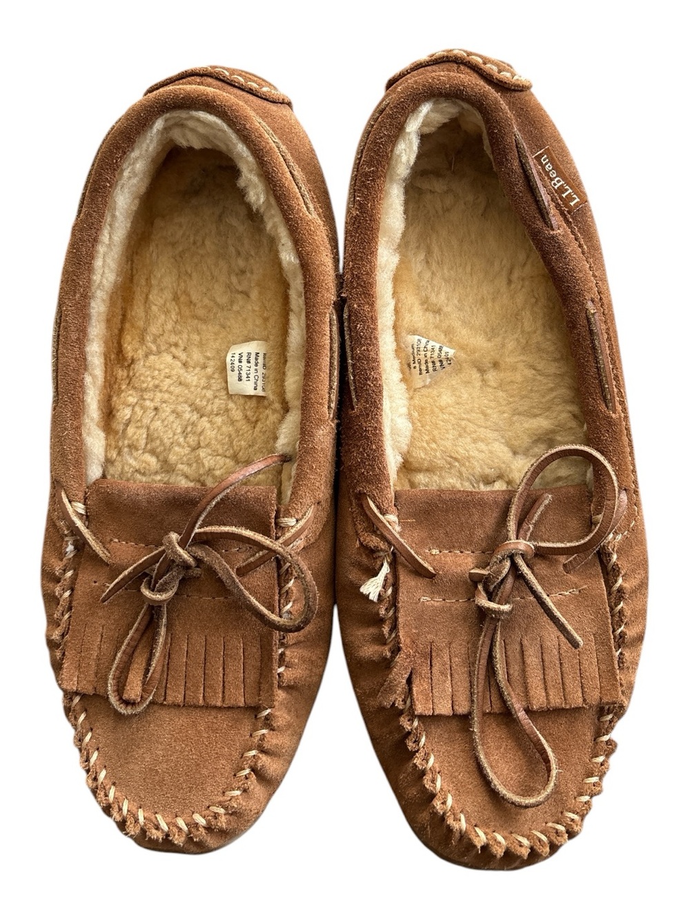 LL Bean Wicked Good Brown Suede Shearling Camp Moccasin Slippers